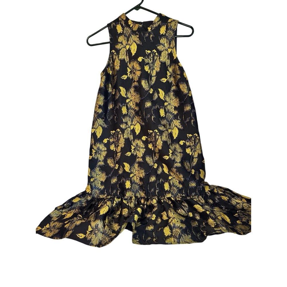 By Anthropologie Floral Print Ruffle‎ Hem Sleeveless Dress Black Gold Womens XS